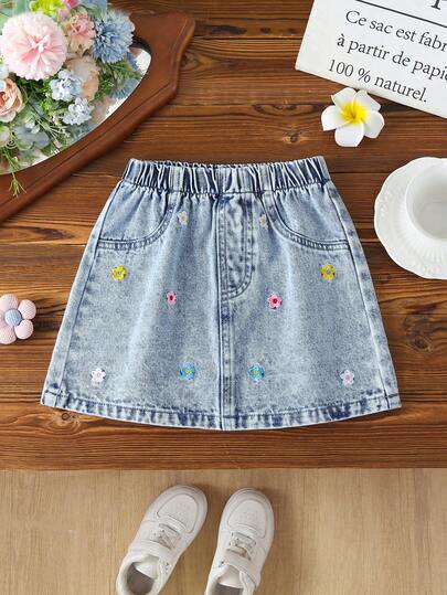 1pc Girls Casual Outdoor Daily Vacation Sweet Girly Energetic Delicate Colorful Embroidered Retro Snowflake Blue Denim Mini Skirt