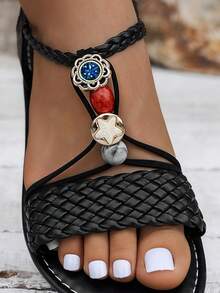 Women's Summer New Beaded Sisal Woven Sandals, Flat Shoes, Beach Vacation Flat Sandals - Black - View 6