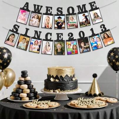 1套，黑色，2013年至今，DIY照片串灯横幅生日装饰，男女皆宜 - 黑色闪光13岁生日和周年纪念装饰派对用品，趣味闪光13岁生日装饰，男女周年纪念派对