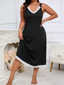 Vestido camisero negro de escote en V para mujer talla grande, vestido de tirantes midi de corte evasé con contraste blanco en el bajo y volante, estilo elegante de vacaciones de verano - Negro - Ver 3