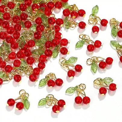 5/10/20/30/50颗樱桃吊坠水果挂件，红色玻璃珠饰品配件，适用于DIY项链、耳环、手链、手机链、工艺品制作