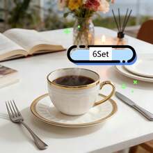 6pcs Luxury Arabian Nights Coffee Cup & Saucer Set, White Ceramic With Hand-Applied Gold Trim & Embossed Pattern, Elegant Tableware For Ramadan Kareem Iftar, Eid Celebrations & Traditional Oahwa Serving, Saucer Dia 14cm/5.51inch - Multicolor - View 10