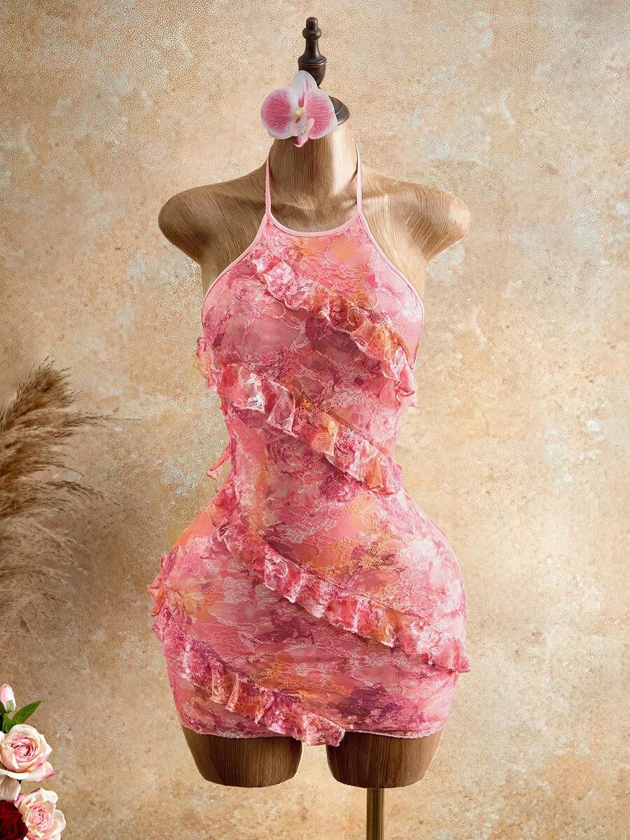 Lady's Sexy Neckline Floral Print Halter Dress With Ruffled Border Design,Sweet Spicy Style,Suitable For Vacation,Music Festival,Graduation Outfits Elegant Party Summer - Multicolor - View 1