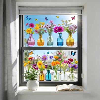 1/3pcs These Vibrant, Colorful Spring Flower Vase Window Stickers Are Reusable, Double-Sided Visible Electrostatic PVC Window Decals, Suitable For Bedrooms, Bathrooms, Kitchens, And Living Rooms.