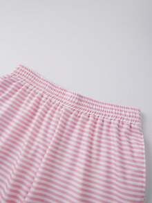 Conjunto de dos piezas a rayas para mujer, pantalones cortos Y2K, sudadera holgada de manga larga con cuello alto, jersey y pantalones cortos, chándal de primavera y otoño, ropa de estar por casa - Rosa - Ver 9