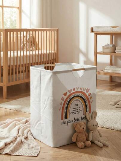 Rainbow Pattern Foldable Large Capacity Laundry Basket With Wooden Handles, Multipurpose For Bathroom, Nursery, Dirty Clothes, Toys & Household Storage