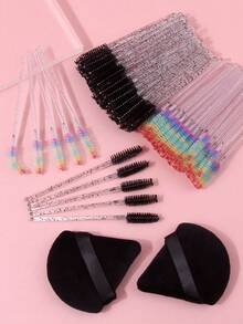 100支装柔韧手柄睫毛眉刷，多功能眼部化妆刷 + 2个柔软精细三角化妆海绵 - 黑色 - 查看 9