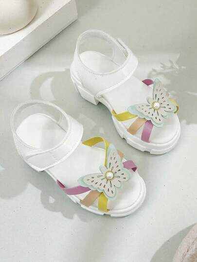 1双女童凉鞋，蝴蝶装饰，露趾，魔术贴绑带，休闲夏季鞋，白色