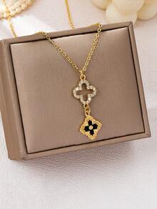 1件装 时尚简约精致钻石镶嵌镂空四叶草造型项链（女士款） - 彩色 - 查看 6