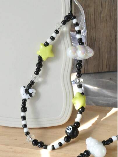 1条复古台球8球心形串珠手机挂绳，INS风手机壳装饰链