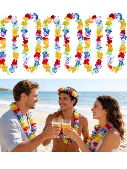 10pcs Hawaiian Flower Leis, Luau Aloha Leis, Hawaiian Charm Accessories, Beach Theme Party Supplies, Tropical Decor Gifts, Adult Hawaiian Theme Pool Party Decorations