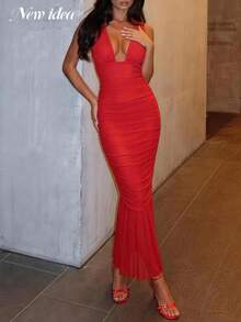 Women's Red Mesh Sleeveless Midi Dress, Elegant Sexy Fashion Pleated Fishtail Dress, Women's Party Dress, Elegant Party Dress, Fitted Midi Dress - Red - View 7
