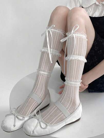 2 Pairs Lolita Style Lace Trim Thigh High Socks With Bow, 3-Layer Lace Ruffle Leg Warmers For Women, Sweet Matching With Mary Jane Shoes And Loafers In Spring/Summer