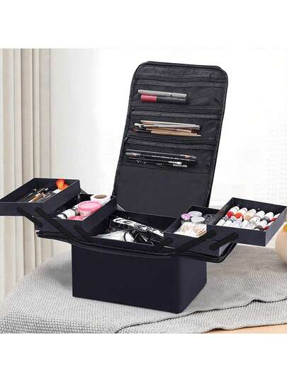 Grande custodia per il trucco, scatola di stoccaggio professionale con 4 vassoi, per set di unghie e strumenti di bellezza come pennelli, borse cosmetiche, organizer per il trucco da viaggio regolabile con tracolla, pochette per il trucco, borsa di stoccaggio, borsa da toilette da viaggio e articoli essenziali per la cura della pelle