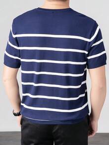 Áo len nam tay ngắn dệt kim phối sọc tương phản - Màu xanh hải quân - Xem 2