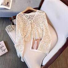 女士波西米亚镂空针织钩编蕾丝披肩罩衫，沙滩度假风罩衫 - 杏色 - 查看 4