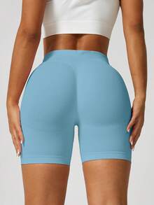 NcmRyu 1件装女士无缝弹力提拉塑形瑜伽健身跑步运动短裤 - 淺藍色 - 查看 11