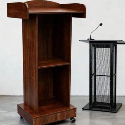 Atril de madera con ruedas, 2 niveles de almacenamiento, elegante atril de pie para presentaciones.