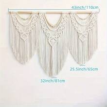 1pc Bohemian Macrame Wall Hanging - Large Handwoven Tassel Lace Tapestry With Wooden Rod, Acrylic Fiber Fabric, Horizontal Indoor Wall Decor For Living Room, Bedroom, Or Headboard, Bedroom Accent Piece | Bohemian Style | Handwoven Texture - 米白色 - 查看 5