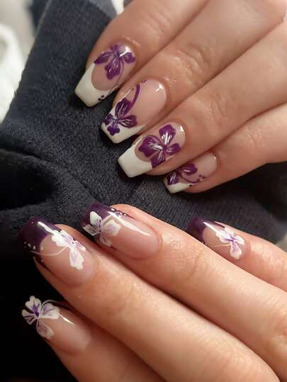 24pcs Medium Coffin French Press On Nails, Spring Purple Flowers White French Tips Nail Medium Nails Full Cover Glossy False Nails Set, Include: 1pc Jelly Glue And 1pc Nail File, Easy To Wear Daily Fake Nails & French Tip Nails Press On Art For Women And Girls Daily Life