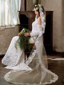 Luxury Lace Material Long Bridal Wedding Veil, Suitable For Wedding Photography Church Veil, Photography Prop - White - View 6