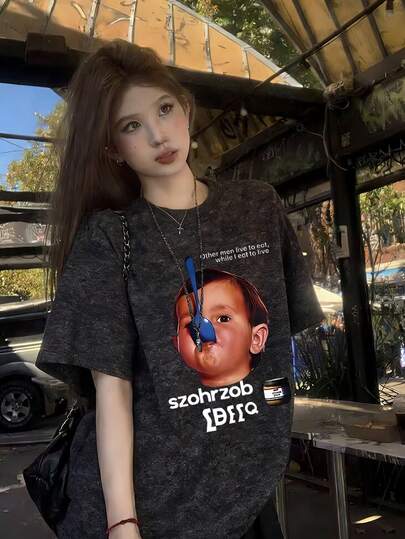 Loose Printed Pattern Short Sleeve T-Shirt For Women, New Casual Versatile Top For Summer