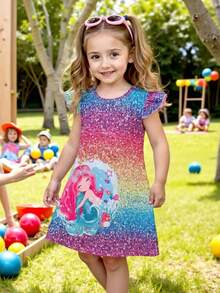 Young Girls Casual Gradient Cartoon Mermaid Print Cap Sleeve Dress - Multicolor - View 1