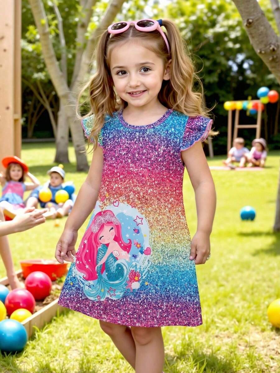 Young Girls Casual Gradient Cartoon Mermaid Print Cap Sleeve Dress - Multicolor - View 1