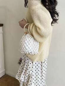 2026 Summer New Woven Round Hollow Design Handbag, Retro Minimalist Style With Drawstring Closure And Dual Ring Handles, Suitable For Beach, Travel And Vacation - White - View 5