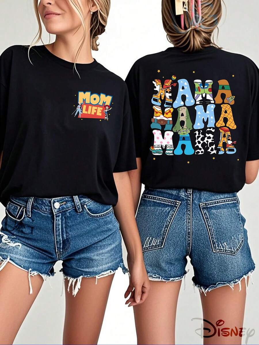 Disney Official Licensed, Pixar, Toy Story, MOM LIFE, Character Letters, Double-Sided Print, 100% Cotton, Crew Neck T-Shirt, Family Trip Style, Casual Wear, Spring & Summer Top, Movie Merch, Fan Collectible - Black - View 1