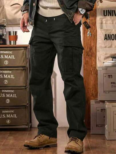 Men's Outdoor Multi-Pocket Cargo Pants, Solid Color Flat Front Casual Trousers, Suitable As A Gift For Boyfriend Or Husband Black Spring