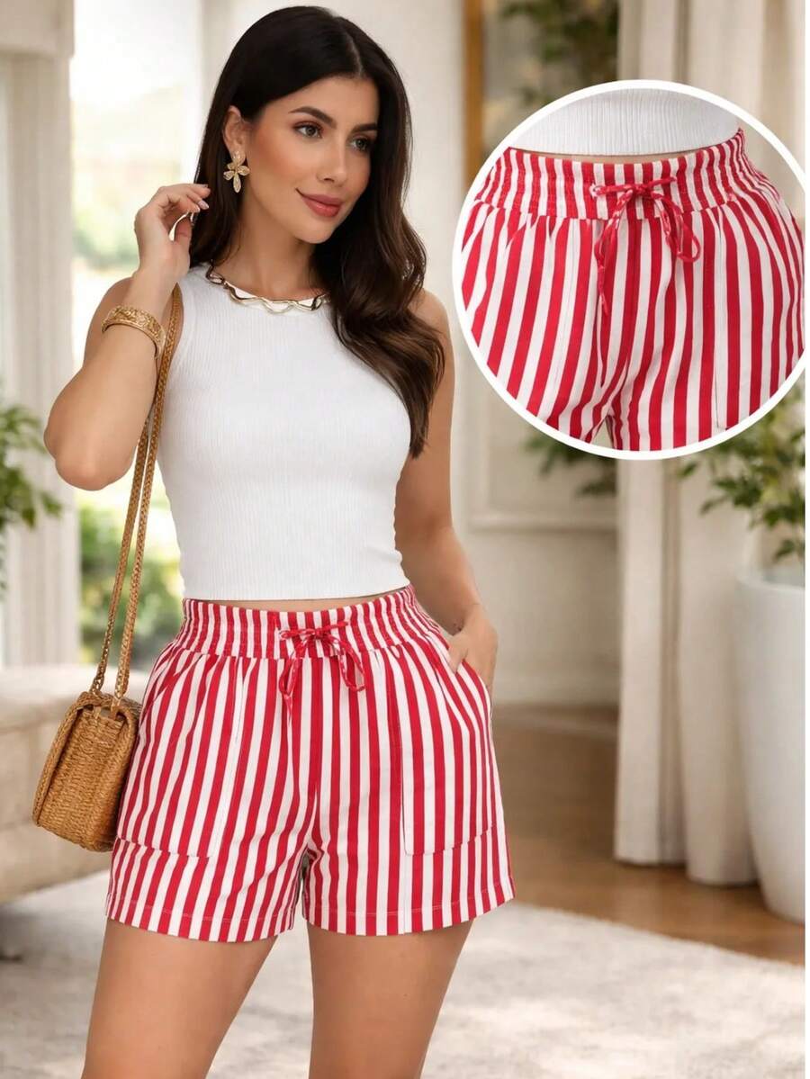LINEN STRIPED SHORTS - สีแดง - ดู 1