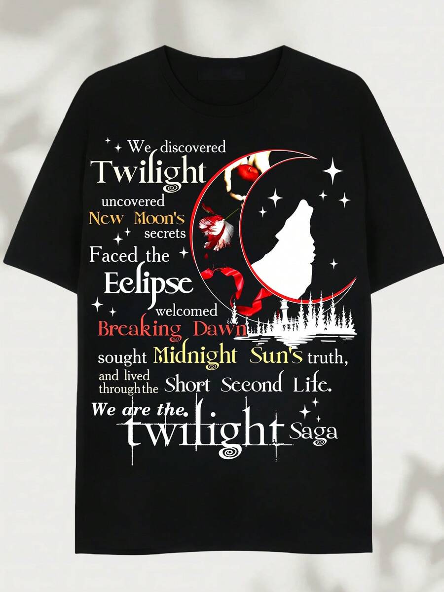 Twilight-Saga T-Shirt _ Vampire _ Children And Adults Up To 3XL Printed T-Shirt - Made From Pure Cotton, It Is Soft And Breathable, Suitable For Men And Women. It Is A Casual Shirt That Is Suitable For All Seasons And Serves As A Fashionable Souvenir. It Is Suitable For Daily Use, Street Fashion Enthusiasts, And Music Lovers. - 黑色 - 查看 1