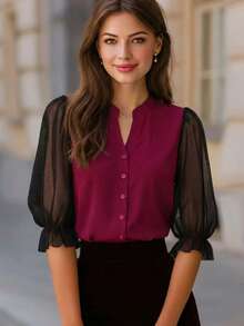 新款春夏衬衫，网纱拼接花瓣袖V领高端设计，优雅职业OL夏季衬衫 - 酒紅色 - 查看 3