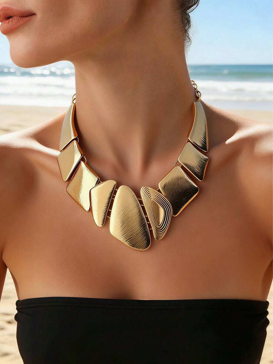1pc Metallic Geometric Choker Necklace, Exaggerated Asymmetrical Gold Color Necklace, Minimalist Fashion Jewelry For Women - Yellow Gold - View 1