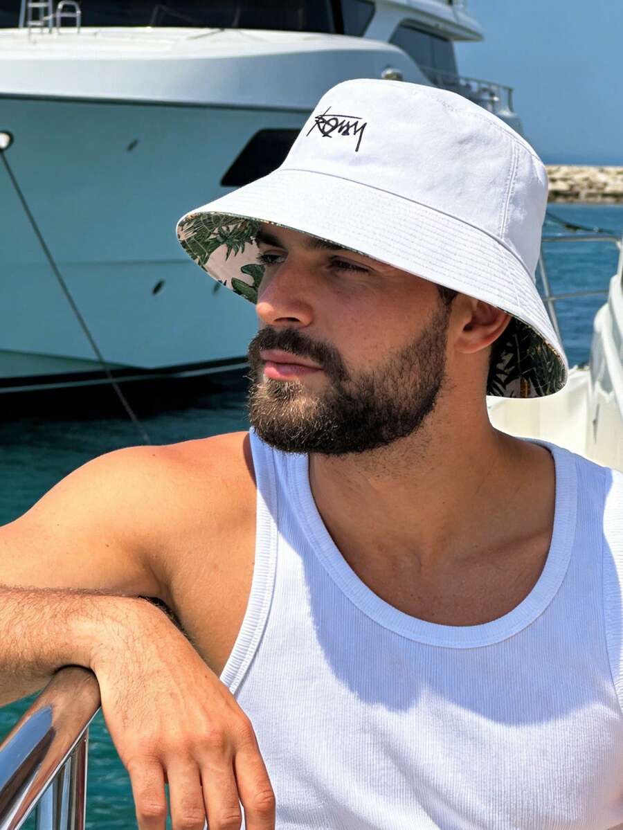 1pc Spring/Summer Korean Style Letter Embroidered Wide Brim Bucket Hat, Unisex, Reversible, Outdoor Sports Travel Beach Essential Sun Hat - Multicolor - View 1