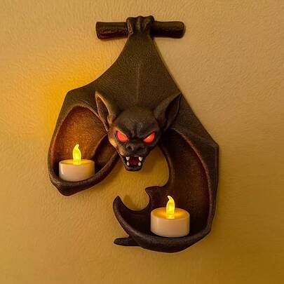 Exquisitely Aged, Solid Synthetic Material, Bat Wall-Mounted Double Candleholder | Dark Vintage Style, Spreading Bat Design, Vintage Texture, Symmetrical Candleholder Details, Waterproof And Sunproof, Decorative Lighting Function. Suitable For Gothic Wall Candleholders, Punk Home Decor, Halloween Parties, Haunted House Escape Rooms, Restaurant Entrance Dark Ambiance Decoration.