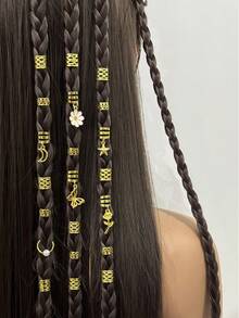 36pcs Bohemian Style Golden Braided Hair Accessories, Flower & Butterfly Metal Pendant Fashionable Hair Rings - Gold - View 1
