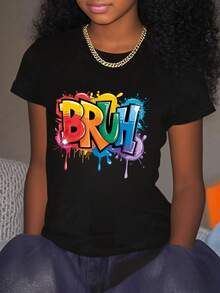 少女涂鸦字母印花短袖T恤，休闲时尚服装 - 黑色 - 查看 2