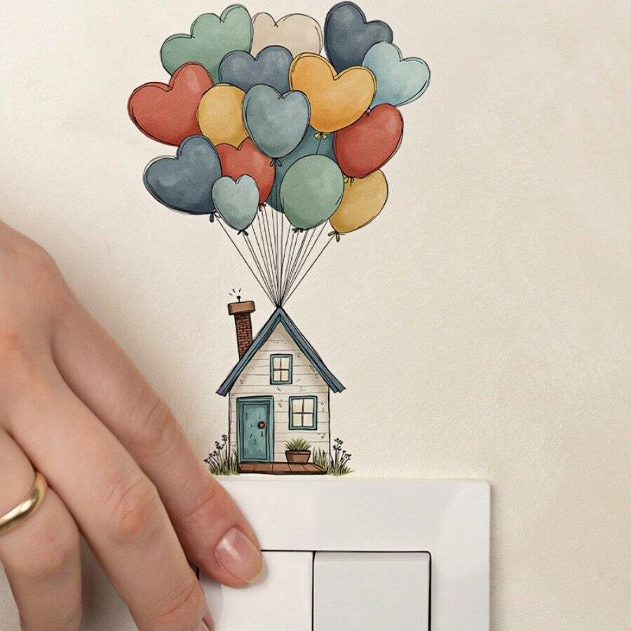 1/3pcs 2D Heart Balloon House Self-Adhesive Light Switch Stickers, Cute Cartoon Wall Decor Gift, Suitable For Living Room, Bedroom, Bathroom, Coffee Bar, Home Party - Balloon Switch Sticker - View 1