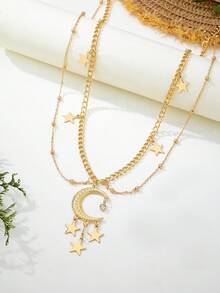 1 pieza Cadena de cintura con colgante de luna y estrella metálico dorado de moda, adecuado para atuendos diarios y de fiesta de mujeres - Amarillo Oro - Ver 3