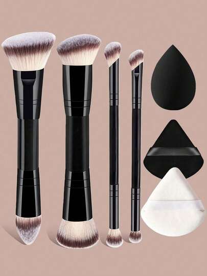  YZIMENG 7件套化妆刷套装：4支双头化妆刷 + 3个不同形状的化妆海绵，柔软尼龙刷毛，适合所有肤质，包含散粉刷、腮红刷和眼影刷。这款便携式美妆工具套装是专业化妆师的理想之选，也适合Y2K风格的精致妆容派对、海滩旅行、露营、上学、节日庆典等场合，同时也是馈赠亲友的精美礼品套装，是送给妈妈和女朋友的绝佳礼物。