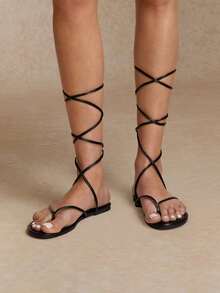 Tropiscape Sandal đế bằng buộc dây mũi vuông dệt kim phong cách đồng quê dành cho nữ, phù hợp cho mùa hè. - màu đen - Xem 2