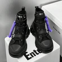 3双装男士时尚厚底加厚摩托车靴，纯色休闲朋克学院风户外铆钉装饰，四季皆宜，朋克铆钉装饰可拆卸，双向使用 - 全黑紫 - 查看 6