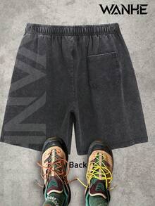 WANHE Washed Shorts, Unisex Style, Couples' Matching Outfit - Ideal For Spring & Summer Wear, St. Patrick's Day, March Madness, Music & Art Festivals, Easter, Carnival, Perfect Gift Choice. Motorcycle Speed Shop Print, Washed Shorts For Motorcycle Enthusiasts, Street Style Summer Casual Wear, Graphic Design, Comfortable Fit, Urban Lifestyle - 黑色 - 查看 2