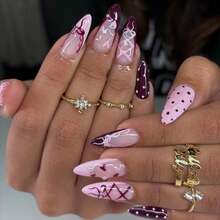 24pcs/Set 3D Nails Women Girls Medium Almond Tips Leopard Polka 3D Embossed Flowers Design Press On False Nail Art - 3801 - 查看 4
