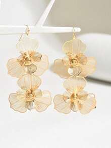 1 Pair Fashion Purple Double-Layer Flower Earrings, Exaggerated Design, Women's Long Multi-Layer Flower Pendant Earrings, Suitable For Valentine's Day, Daily Wear, Mother's Day, Gift - Double-layered Flower Earrings - View 4