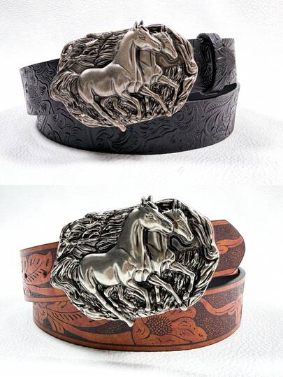 1件男女通用美式西部牛仔风格双马压纹皮带扣，手工压纹皮革皮带，复古西部牛仔时尚配饰