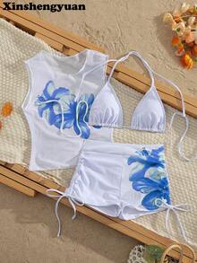 新盛源3件套欧美时尚新年/情人节泳装，可拆卸胸垫，可爱休闲露背吊带比基尼套装，芙蓉花印花，薄纱上衣，奢华性感优雅显瘦，适合海边沙滩派对，侧边抽绳褶皱三角裤，时尚泳装。 - 彩色 - 查看 7