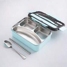 Stainless Steel Insulated Lunch Box - 304 Stainless Steel, Microwave , Portable Student Compartment Container With Handle For School, Picnic, And Travel, School Bento Box | Slim Metallic Surface | Durable Insulated Food Container - Màu xanh lam - Xem 10
